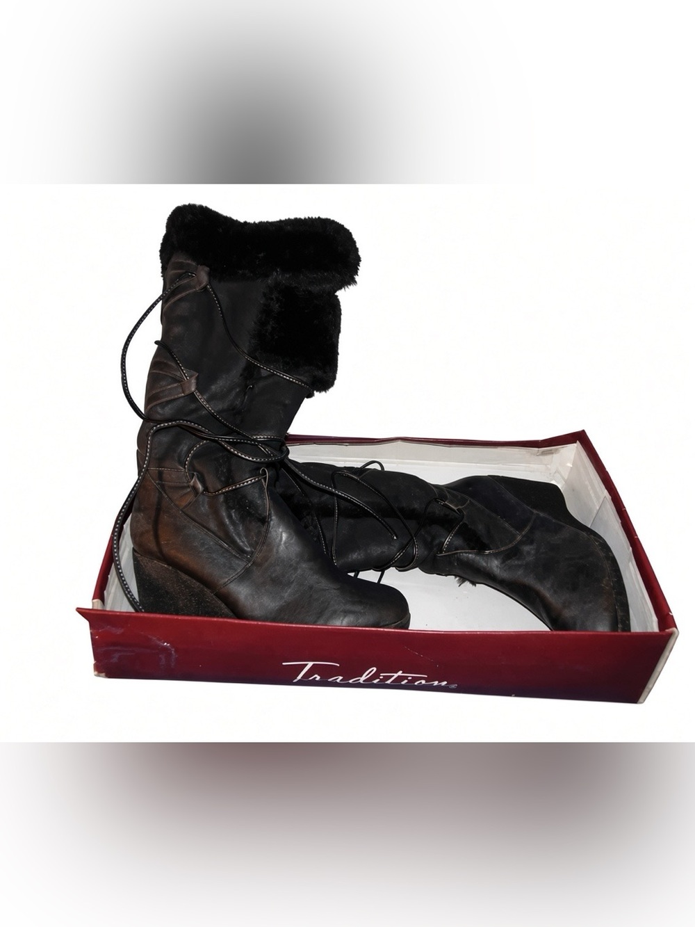 Black Faux-Fur Lace-Up Winter Wedge Boots Size 10 Womens Vintage